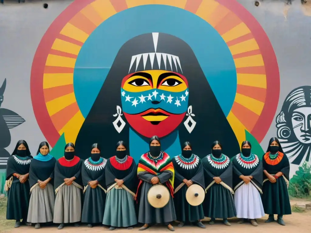 Grupo de rebeldes indígenas Zapatistas en Chiapas, luchando por derechos y autonomía frente a mural de resistencia y solidaridad