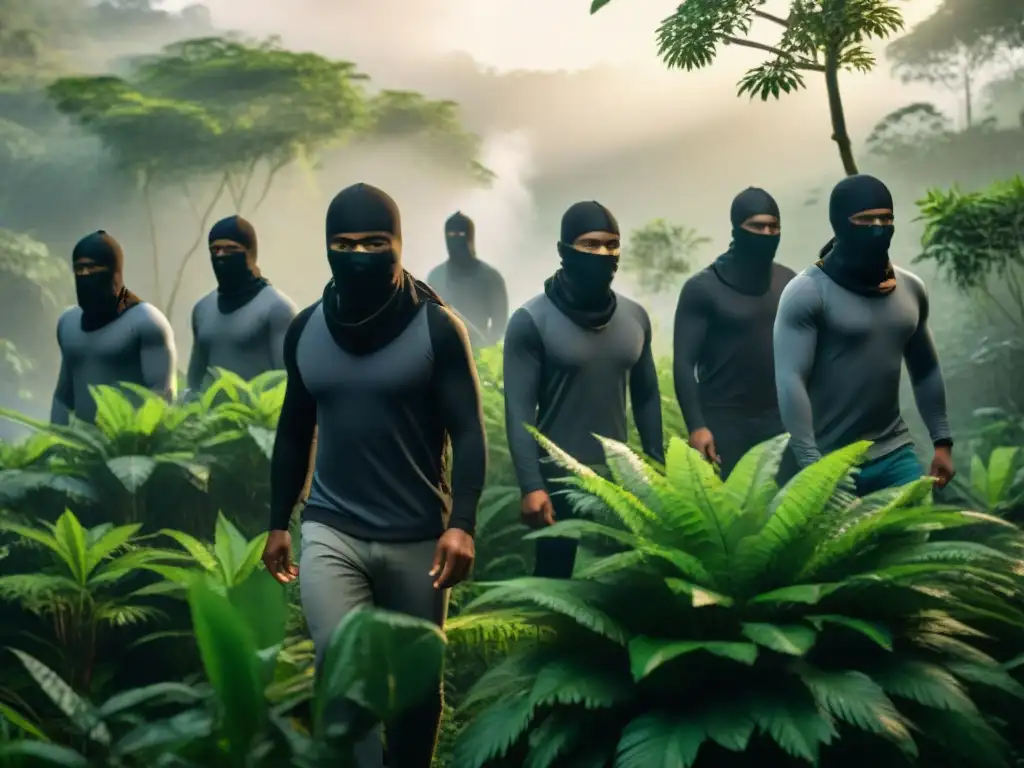 Un grupo de rebeldes Zapatistas camina con determinación bajo la luz filtrada en la selva de Lacandona