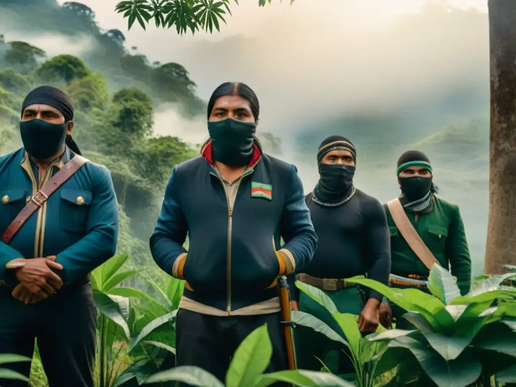 Un grupo de rebeldes Zapatistas en la selva Lacandona, transmitiendo resistencia y determinación bajo la sombra de los árboles