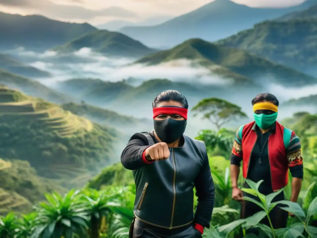 Grupo de rebeldes Zapatistas en la selva de Chiapas, con vestimenta tradicional y puños en alto, en lucha por derechos indígenas