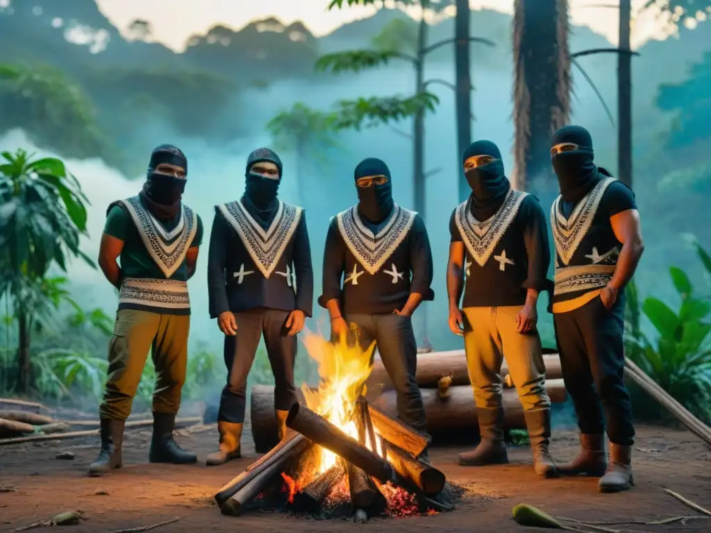 Un grupo de rebeldes Zapatistas en la selva Lacandona, iluminados por un fogata, expresando resistencia y determinación