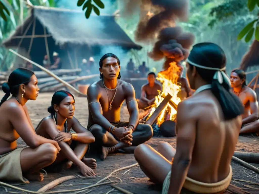 Grupo de indígenas en resistencia al colonialismo encomiendas en América, rodeados de naturaleza densa