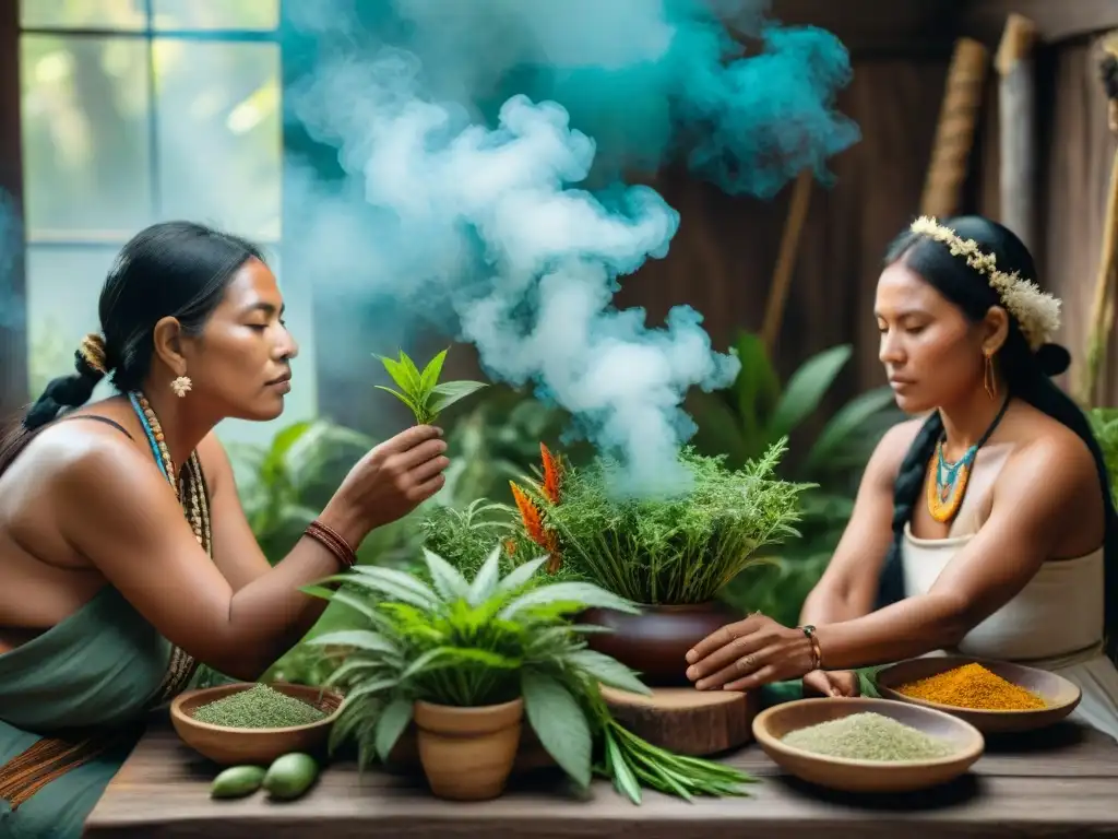 Grupo de sanadores indígenas creando medicina herbal, transmitiendo sabiduría ancestral