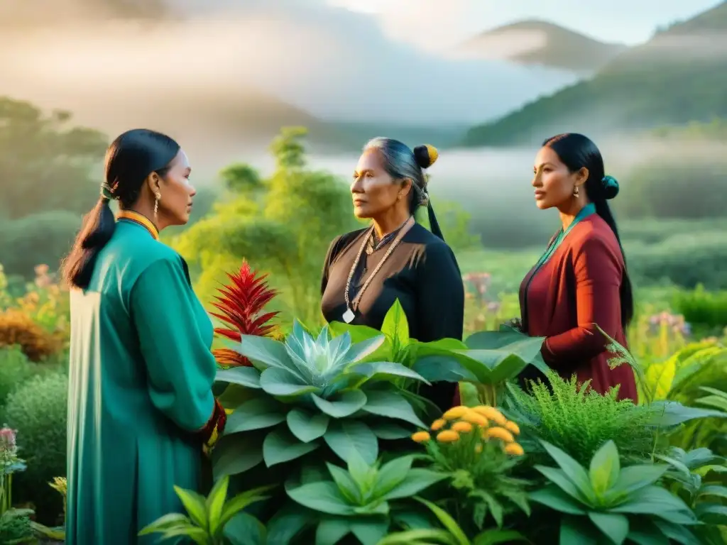 Grupo de sanadores indígenas en jardín de plantas medicinales indígenas conservación, compartiendo sabiduría ancestral