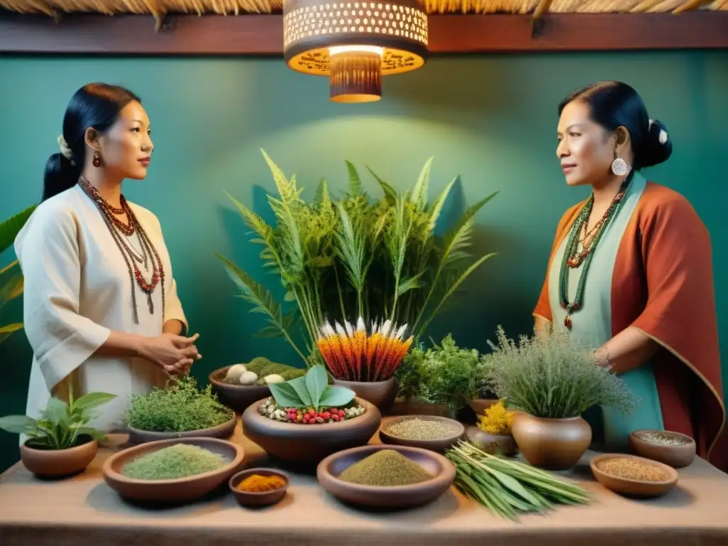 Grupo de sanadores indígenas en práctica médica herbal, rodeados de hierbas y plantas coloridas en mesa decorada