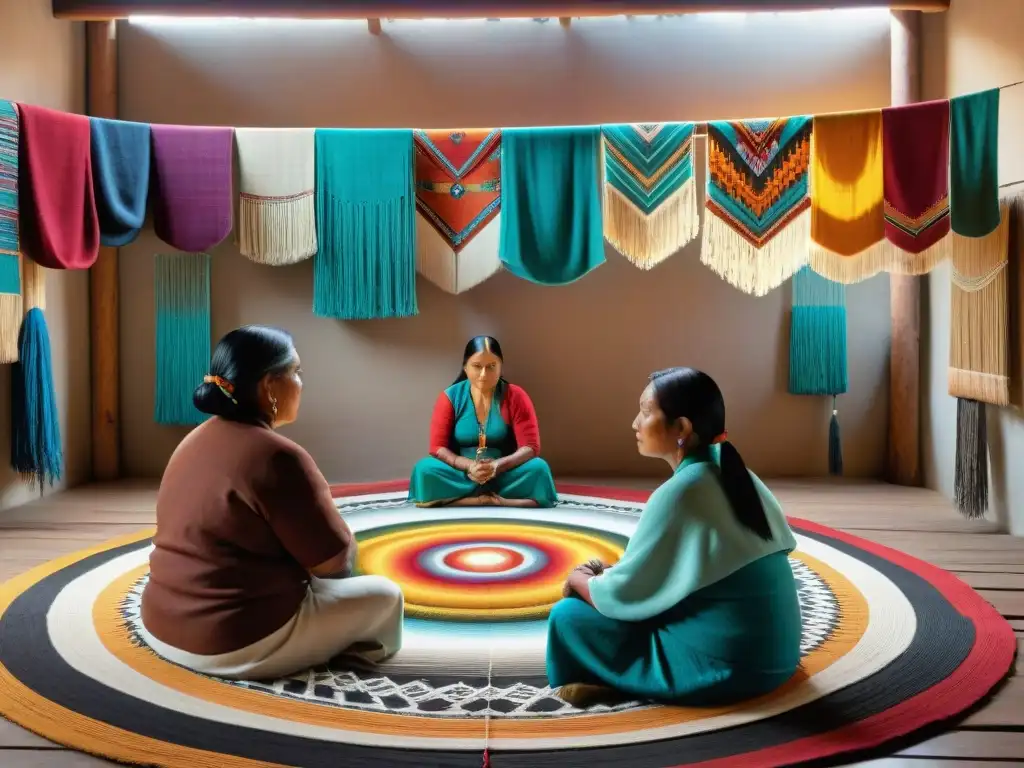 Grupo de tejedoras indígenas creando arte del tejido en un taller tradicional lleno de coloridas telas y telares de madera