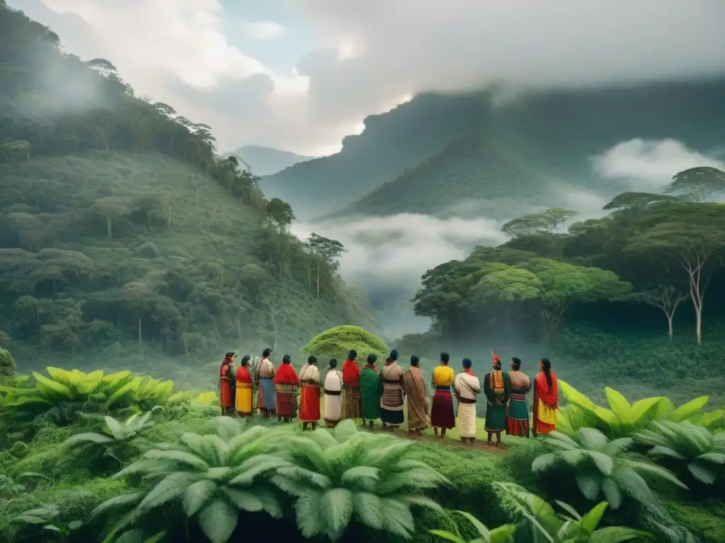 Un grupo unido de miembros de comunidad indígena frente a exuberante bosque en Centroamérica, resaltando protección tierras indígenas