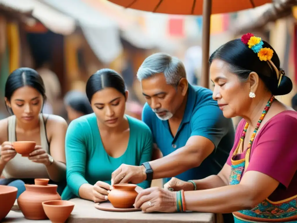 Un grupo de viajeros participa en un taller de alfarería en un mercado mexicano vibrante