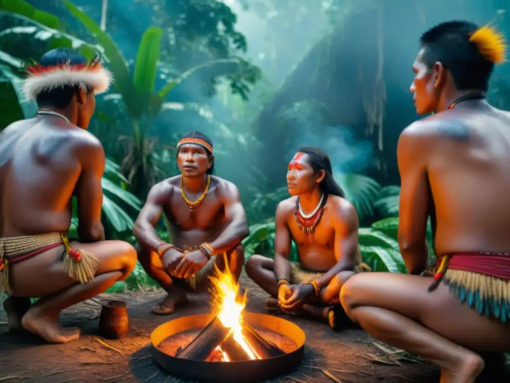 Grupo Yanomami en ritual con vestimenta tradicional y fuego central en la selva amazónica