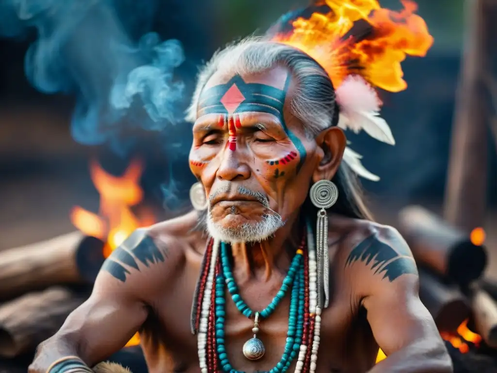 Guardián de la sabiduría indígena meditando frente al fuego sagrado