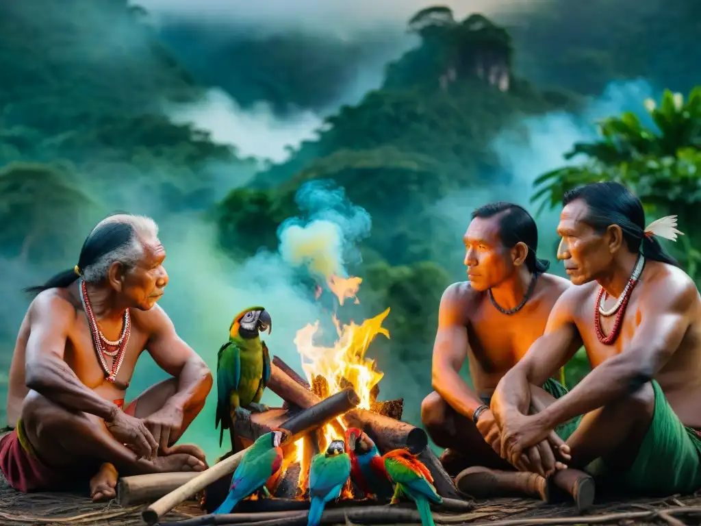 Guardianes de la Amazonia: ancianos indígenas en profunda discusión alrededor del fuego sagrado, preservación culturas indígenas Amazonas