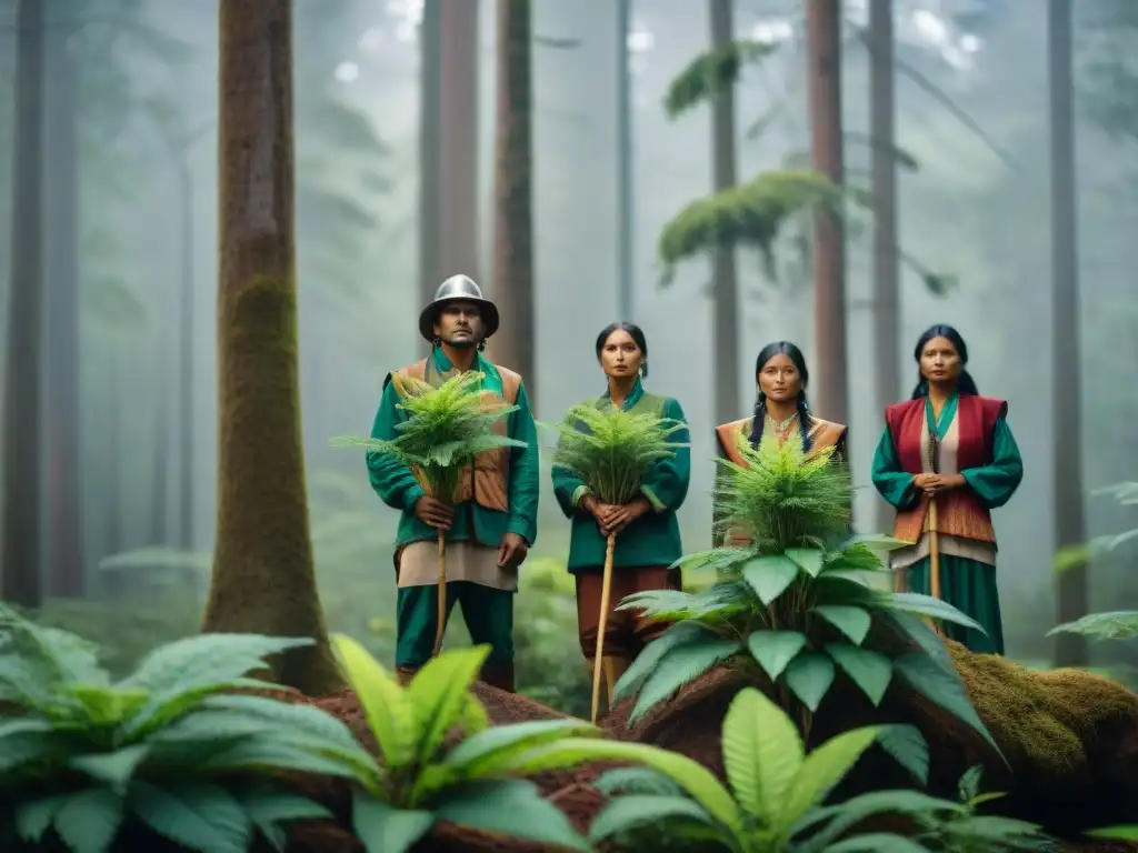 Guardianes indígenas en reforestación, plantando árboles en un bosque exuberante bajo el sol