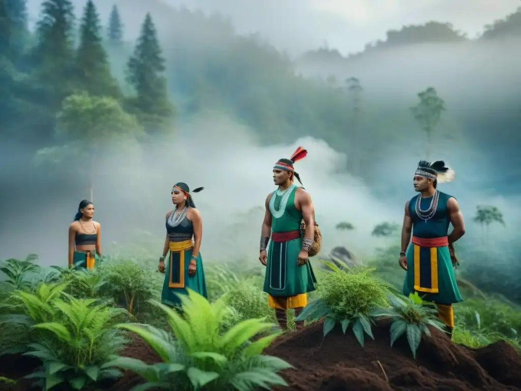 Guardianes indígenas reforestando en un bosque exuberante
