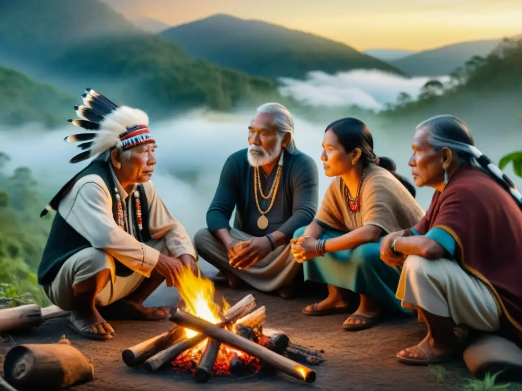 Guardianes de la sabiduría indígena reunidos alrededor del fuego en la selva al atardecer