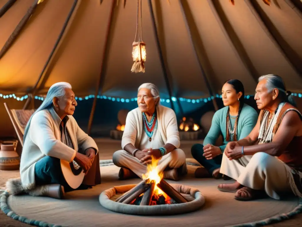 Guardianes de la sabiduría indígena reunidos alrededor del fuego en la tipi, rostros iluminados por la luz cálida