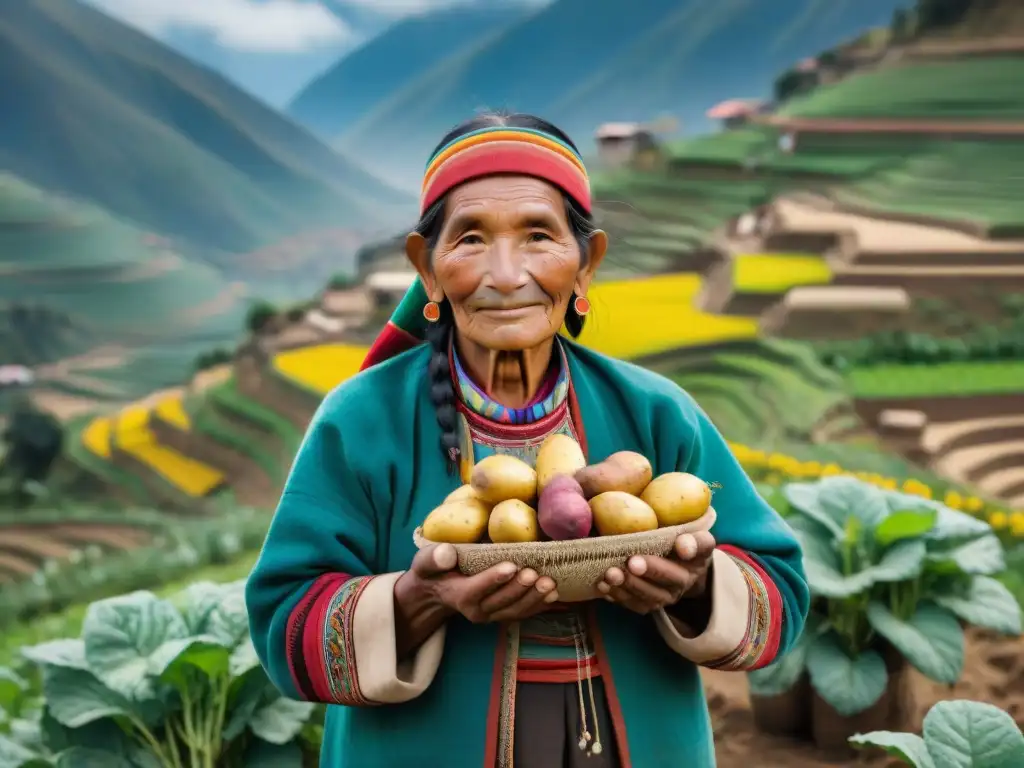 Guardianes de semillas: un agricultor Quechua sostiene con ternura una variedad de papas andinas en un campo en terrazas en los Andes