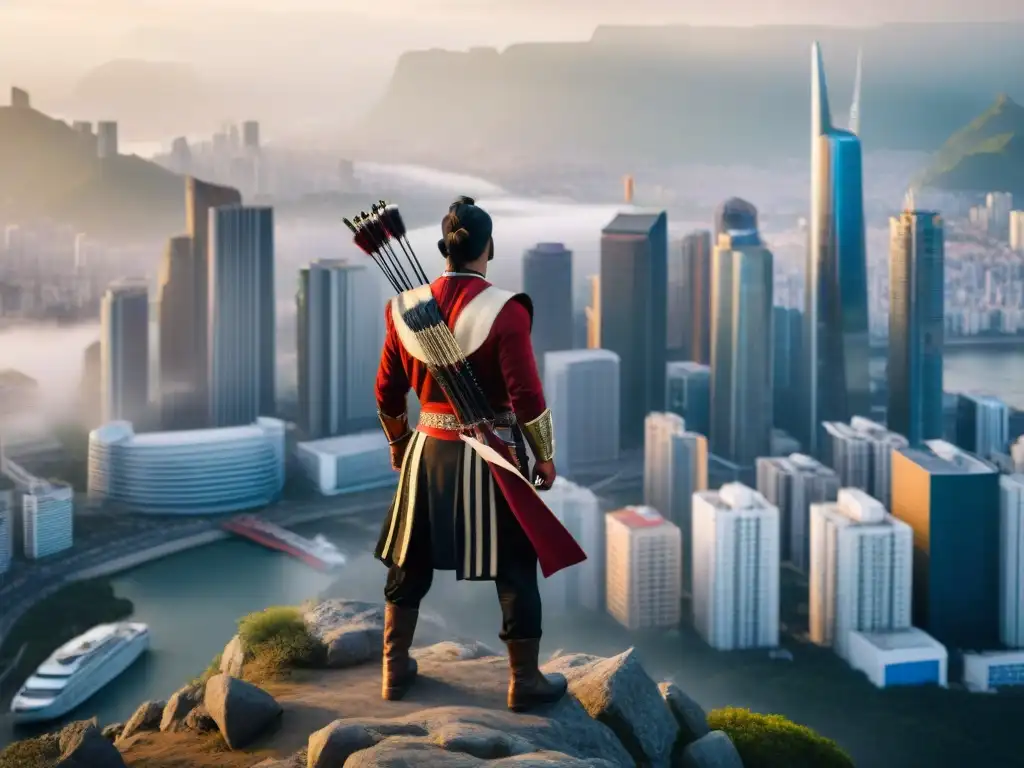 Un guerrero indígena contempla la ciudad desde un acantilado, representando 'El viaje del guerrero indígena en el contexto contemporáneo'