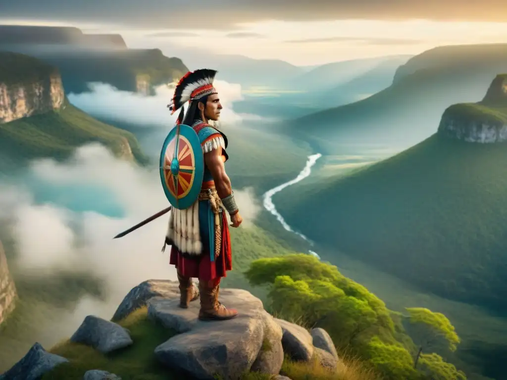 Un guerrero indígena solitario y orgulloso, mirando hacia el horizonte en un valle exuberante