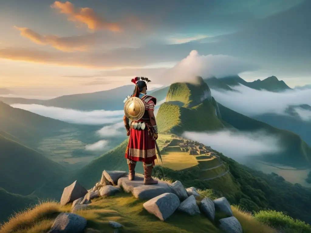 Un guerrero indígena en su viaje, reflexiona en la cima de una montaña sobre su identidad y conexión espiritual con la tierra