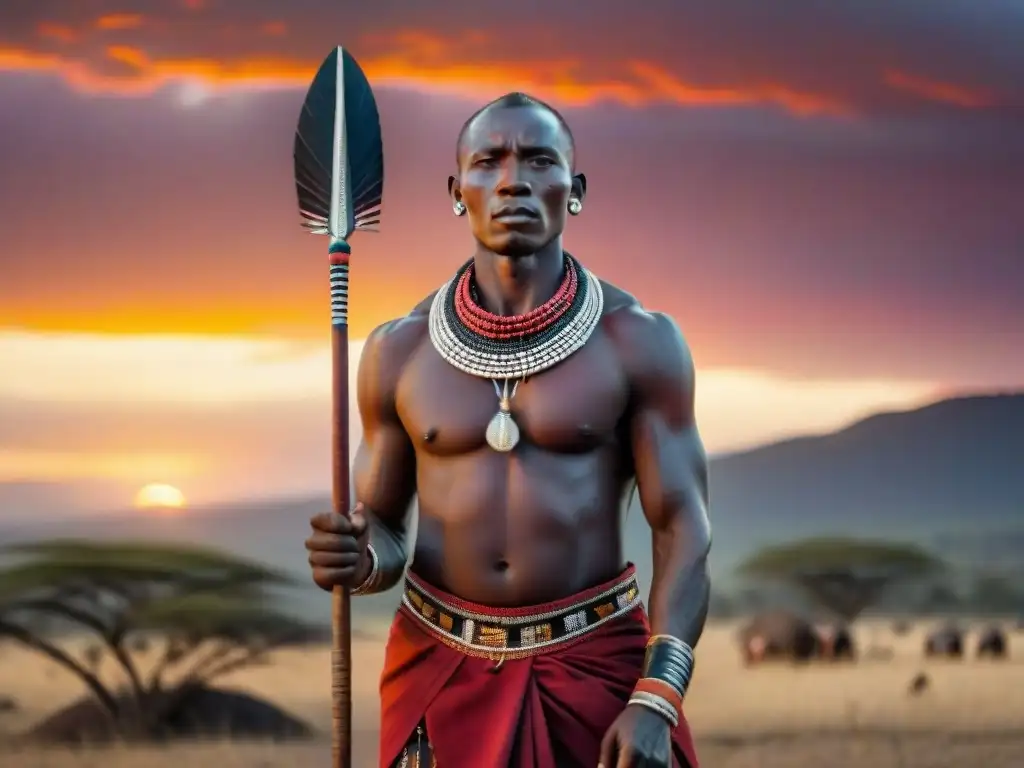 Un guerrero Maasai orgulloso, con atuendo tradicional y lanz a la mano, en la inmensa sabana al atardecer