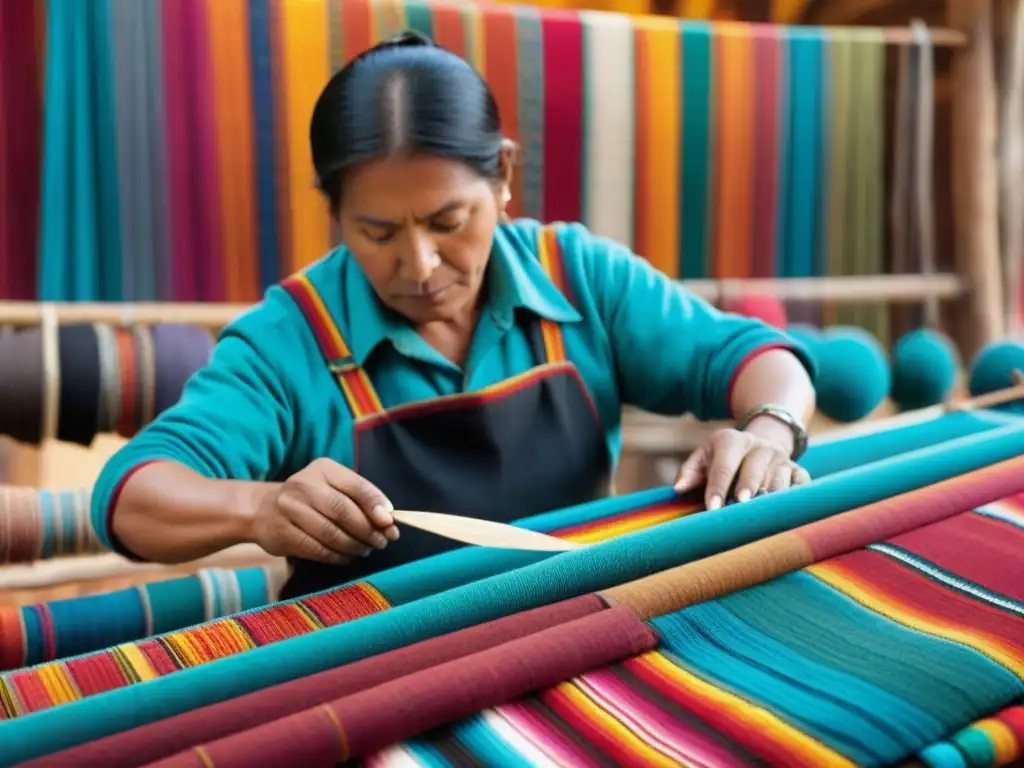 Un hábil artesano del Centro de Textiles Tradicionales del Cusco en Perú tejiendo textiles tradicionales vibrantes en telar de cintura