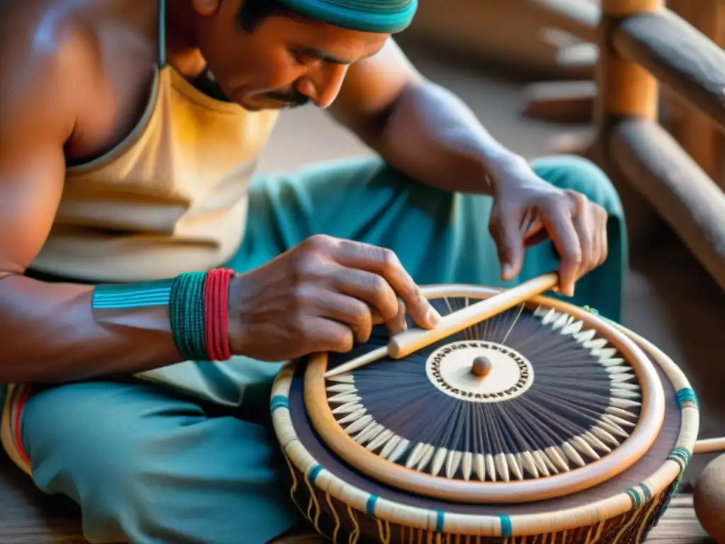 Un hábil artesano de una comunidad indígena elaborando un instrumento musical tradicional en un taller lleno de historia y tradición