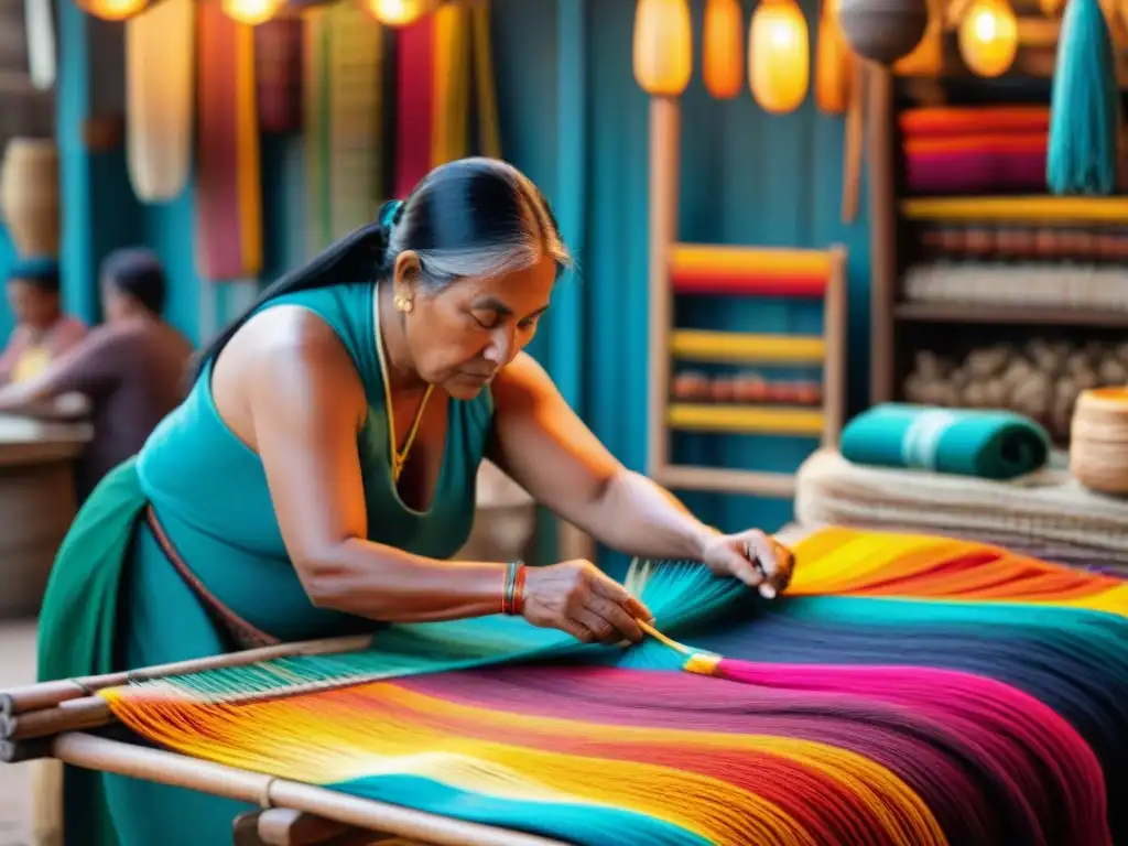 Un hábil artesano indígena tejiendo una colorida artesanía en un mercado bullicioso