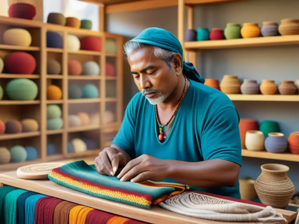 Un hábil artesano indígena elabora coloridas artesanías en su taller tradicional, rodeado de textiles vibrantes y creaciones elaboradas a mano