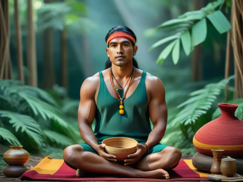 Artesano indígena tejiendo tradición y creatividad en la naturaleza Un hábil artesano indígena tejiendo un cuento ancestral en diseño contemporáneo, rodeado de textiles vibrantes y naturaleza exuberante