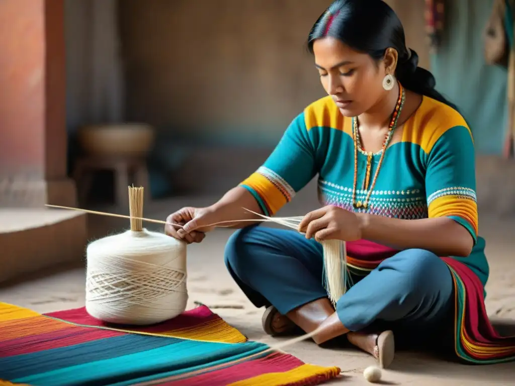 Un hábil artesano indígena teje con cuidado y precisión, preservando la tradición en textiles con tecnología moderna