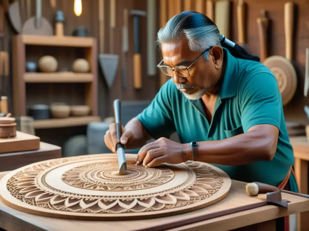 Un hábil artesano indígena tallando detalladas figuras en madera, rodeado de herramientas de trabajo