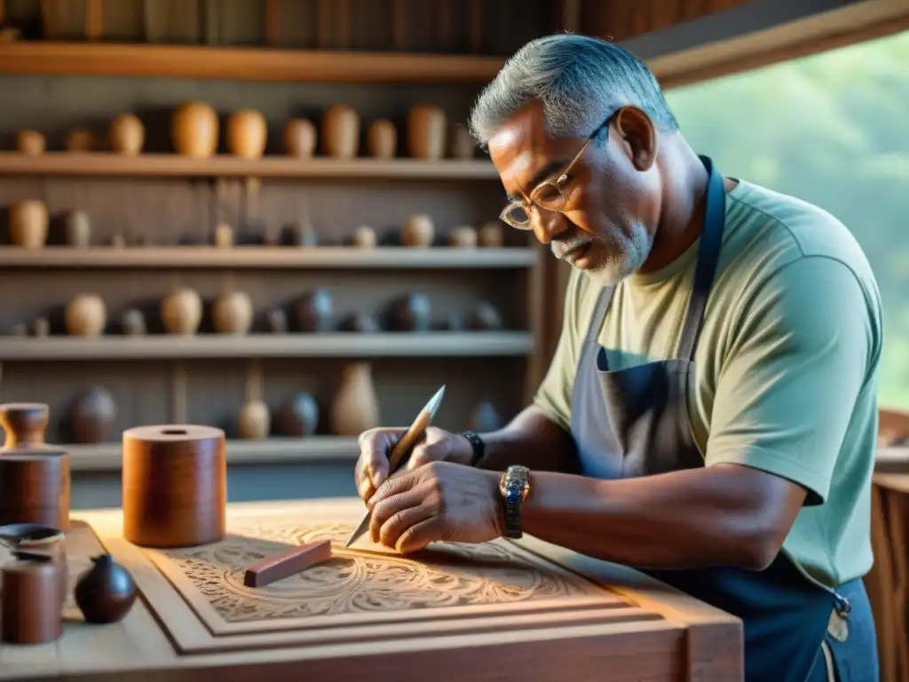 Un hábil artesano indígena tallando con maestría diseños intricados en madera de caoba