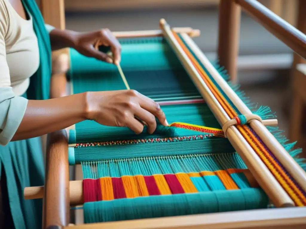 Un hábil artesano indígena teje meticulosamente hilos vibrantes en un telar de madera, creando un patrón tradicional