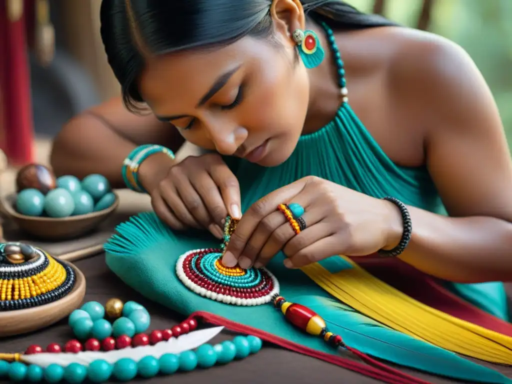 Un hábil artesano indígena elaborando joyas tradicionales con diseños intrincados, rodeado de cuentas, plumas y piedras preciosas