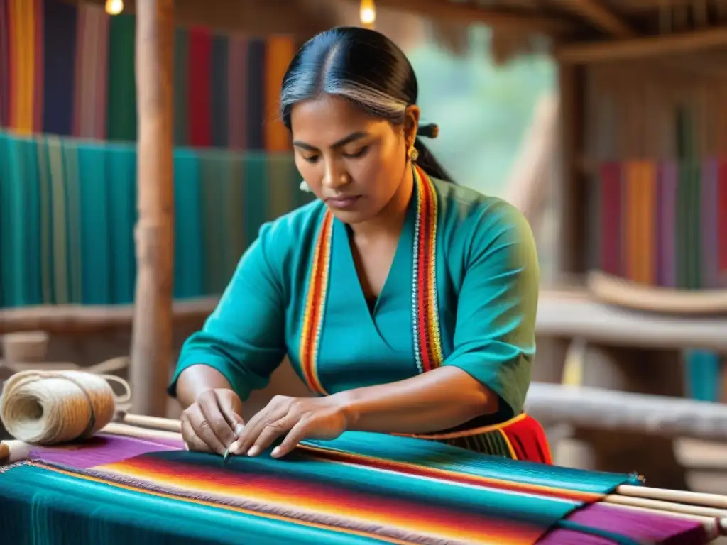 Un hábil artesano indígena tejiendo un patrón colorido en textil vibrante