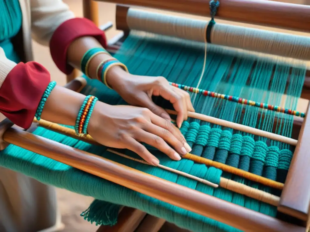 Un hábil artesano indígena teje patrones vibrantes en un telar de madera en un taller de tejido con técnicas indígenas