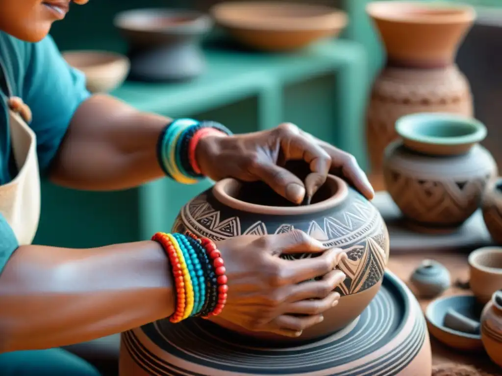 Un hábil artesano indígena talla patrones en una colorida cerámica, mostrando técnicas tradicionales