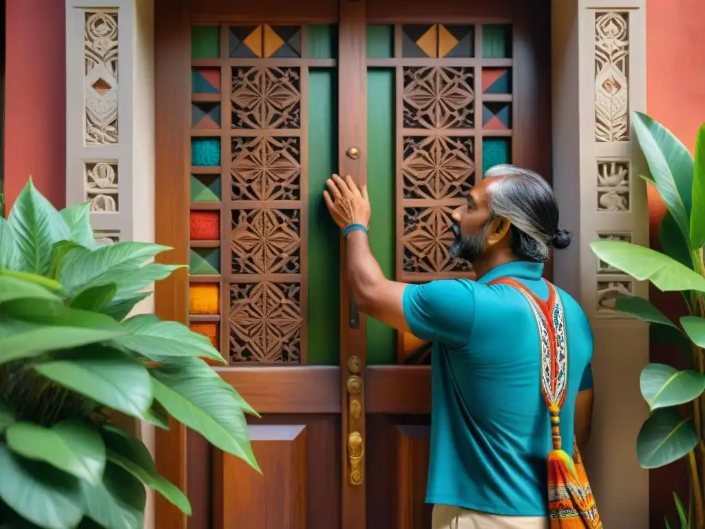 Un hábil artesano indígena talla patrones en una puerta de madera tradicional, rodeado de vegetación exuberante y textiles coloridos