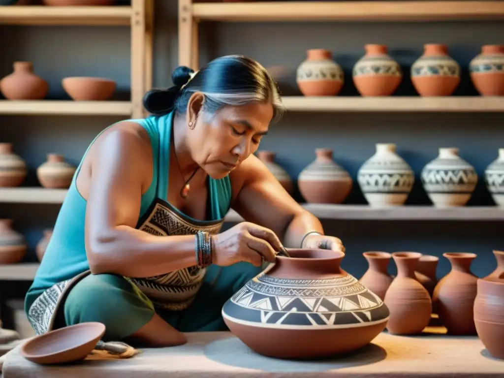 Un hábil artesano indígena moldea una pieza de cerámica tradicional, rodeado de colores vibrantes y herramientas en un taller rústico