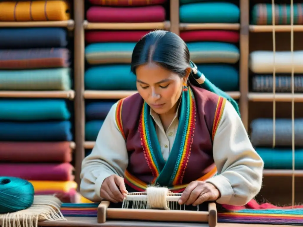 Un hábil artesano indígena de los Andes tejiendo textiles vibrantes en telar de madera