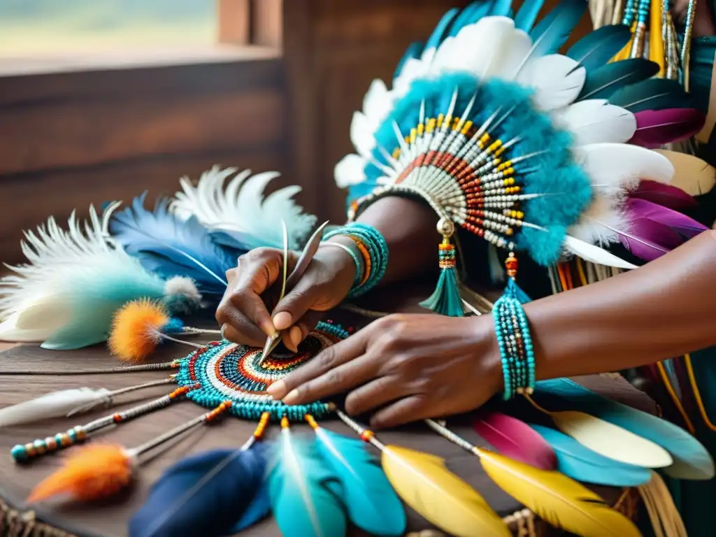 Un hábil artesano indígena creando un tocado de plumas rodeado de coloridas plumas y abalorios