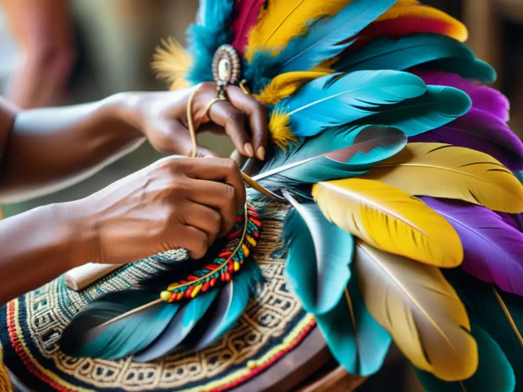 Un hábil artesano indígena elabora un vistoso tocado de plumas, mostrando patrones intrincados y técnicas tradicionales