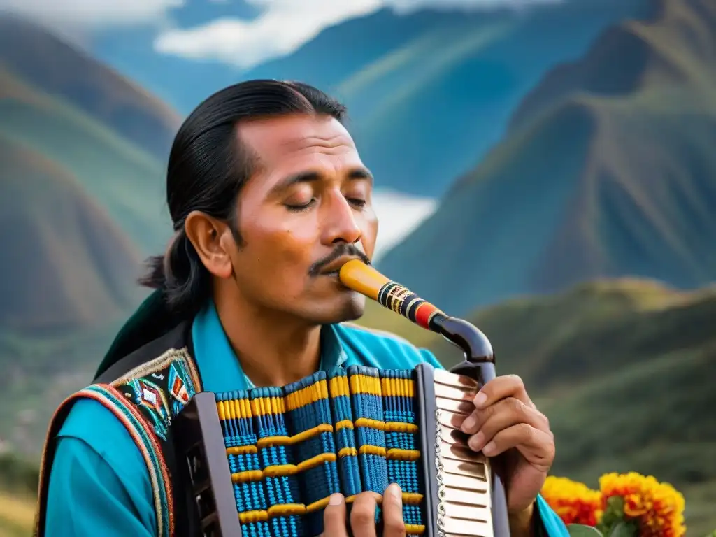 Un hábil intérprete de Flauta de Pan andina tocando con pasión, resaltando detalles y significado cultural