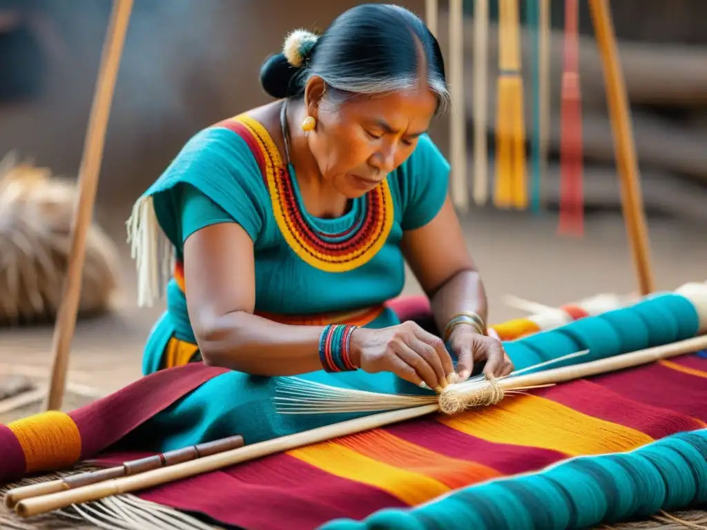 Un hábil tejedor indígena crea un textil vibrante con significativas técnicas de tejido indígenas