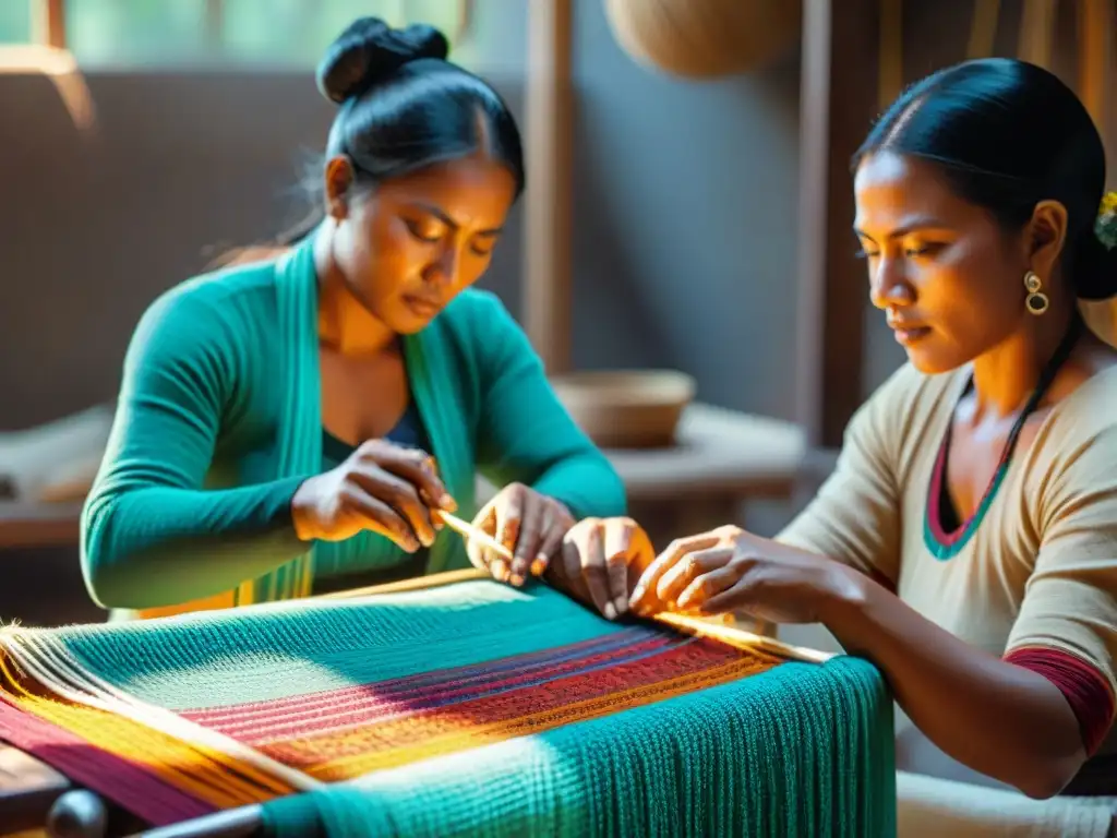 Hábiles artesanas indígenas tejiendo moda tradicional en un taller, destacando sus técnicas y patrones en telares iluminados por el sol