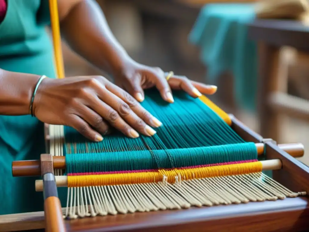 Hábiles artesanos indígenas tejiendo en taller con técnicas ancestrales