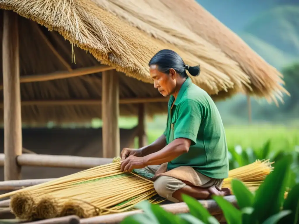 Hábiles artesanos indígenas construyendo techo de paja con materiales naturales en paisaje exuberante