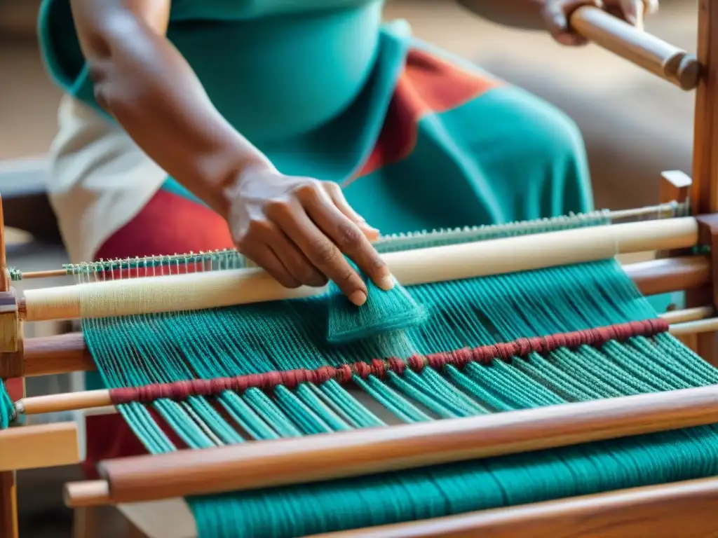 Hábiles artesanos indígenas tejiendo textiles tradicionales, mostrando el impacto económico de esta labor ancestral