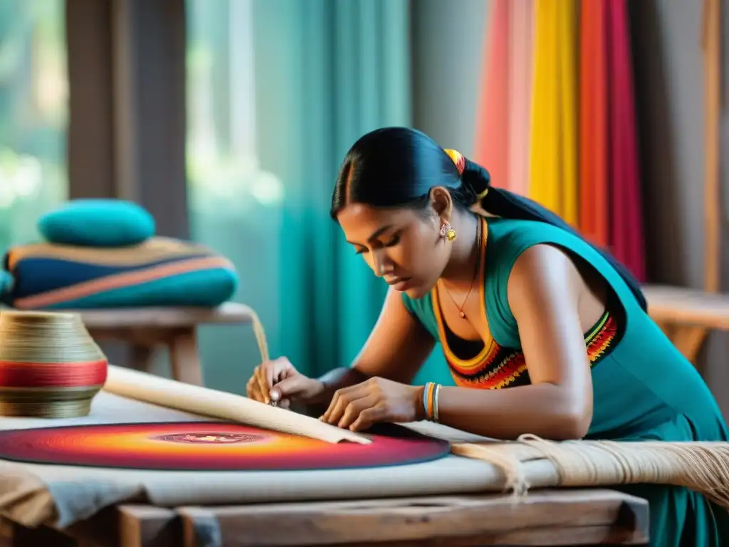 Hábiles artesanos indígenas tejiendo textiles tradicionales en un taller lleno de colores vibrantes y diseños intrincados