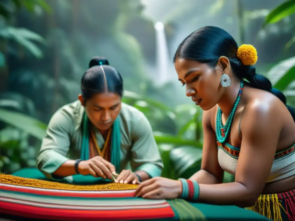 Hábiles artesanos indígenas tejiendo textiles en la selva amazónica, destacando la riqueza cultural y la artesanía